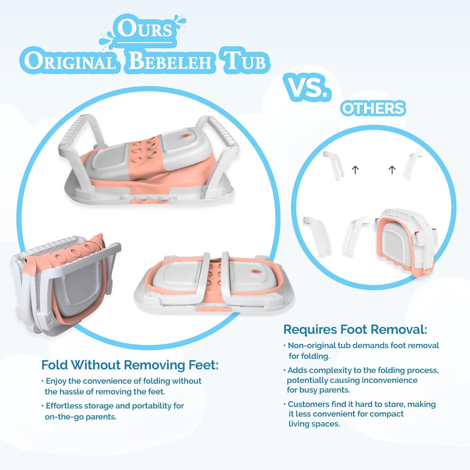 BEBELEH™ Collapsible Baby Bathtub – Bathtub + Baby tub Sling + Newborn Sling – Baby Bathtub Newborn to Toddler 0-24 Months – The Ultimate Travel Baby Bath Tub and Everyday Use! (Pink)