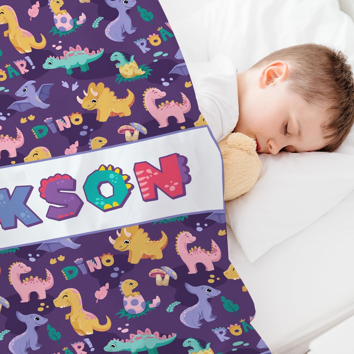 Personalized Dinasour Name Baby Blanket, Custom Cute Alphabet Name Blanket Toddler Boy Soft Flannne Swaddling Blankets Customized Monogram Memorial Gift from Nana for Infant Newborn Shower