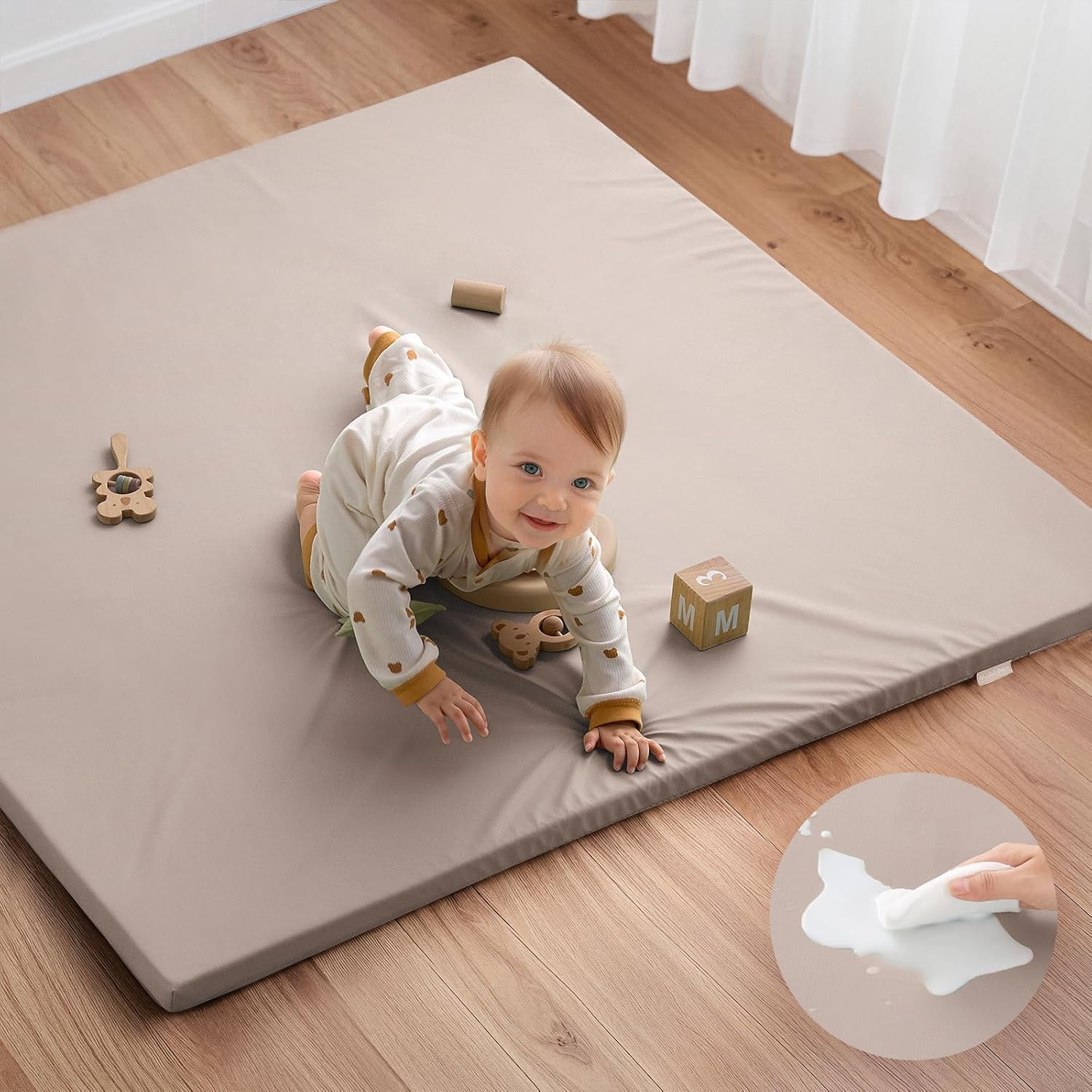 Blissful Diary Vegan Leather Baby Play Mat, 47x47 Thicken Foam Cushioned & Waterproof Playpen Mat for Infants and Toddlers, Stylish and Just Wipe-Clean Playmat for Baby Play on Floor, Brown Gray