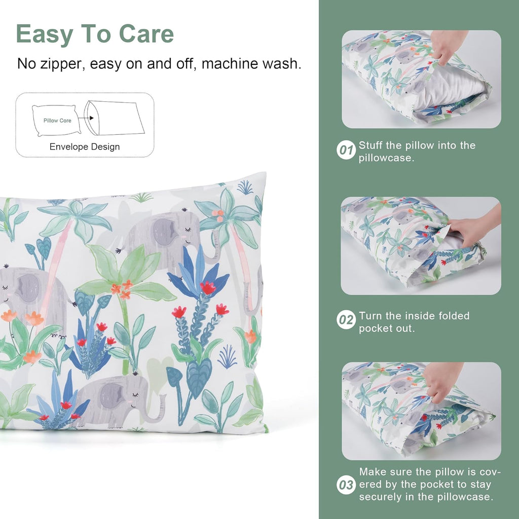 TILLYOU Toddler Pillowcases 13 x 18 Travel Pillow Case 2 Pack, Kids Pillowcases Machine Washable with Envelope Closure, Rainforest Elephant & Grey