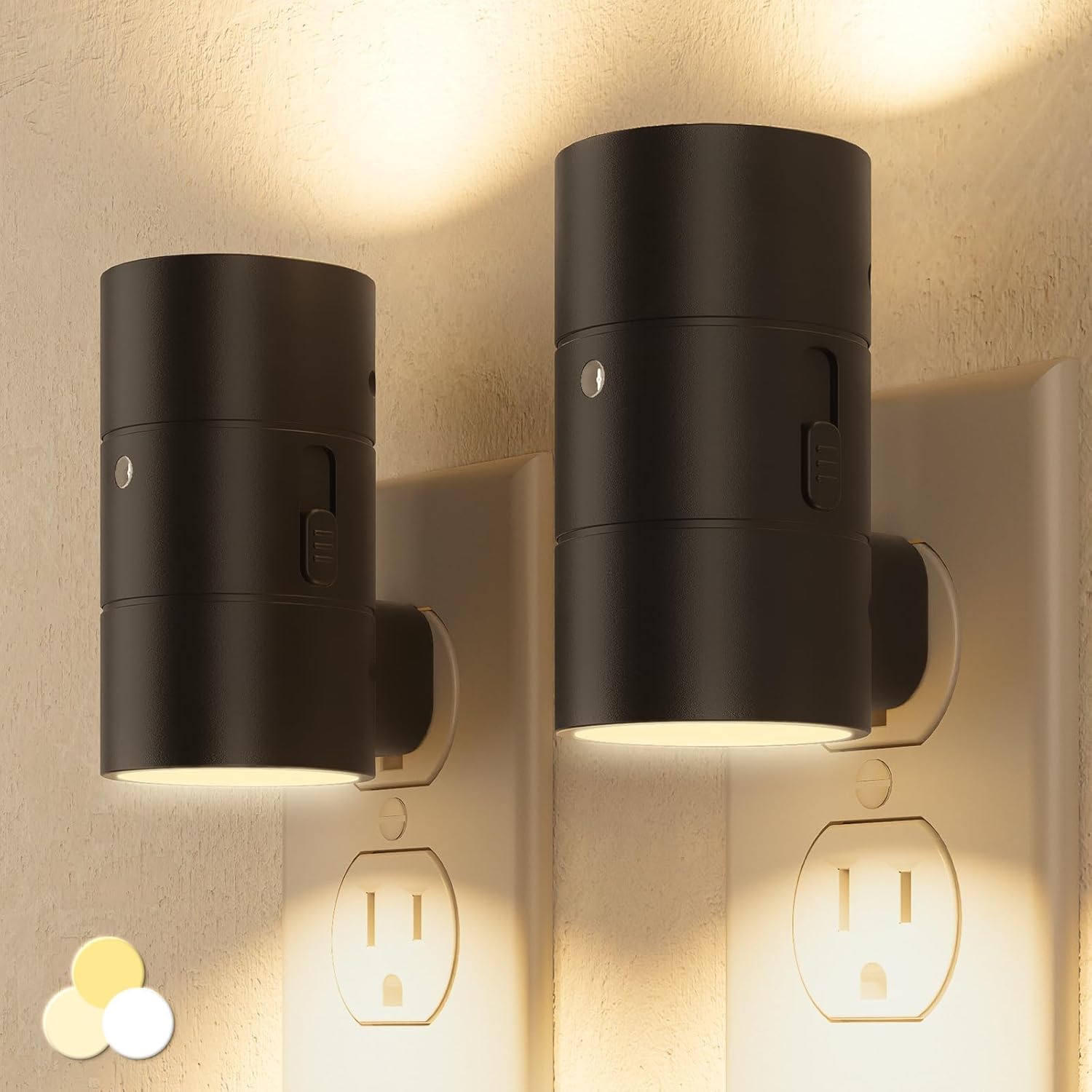 NIORSUN Night Lights Plug Into Wall,Plug in Night Light with 3 Light Modes,Ultra-Slim Design,Dusk to Dawn Sensor,0-100LM Dimmable Night Light for Hallway Bathroom Stairway Bedroom,Black,2 Pack