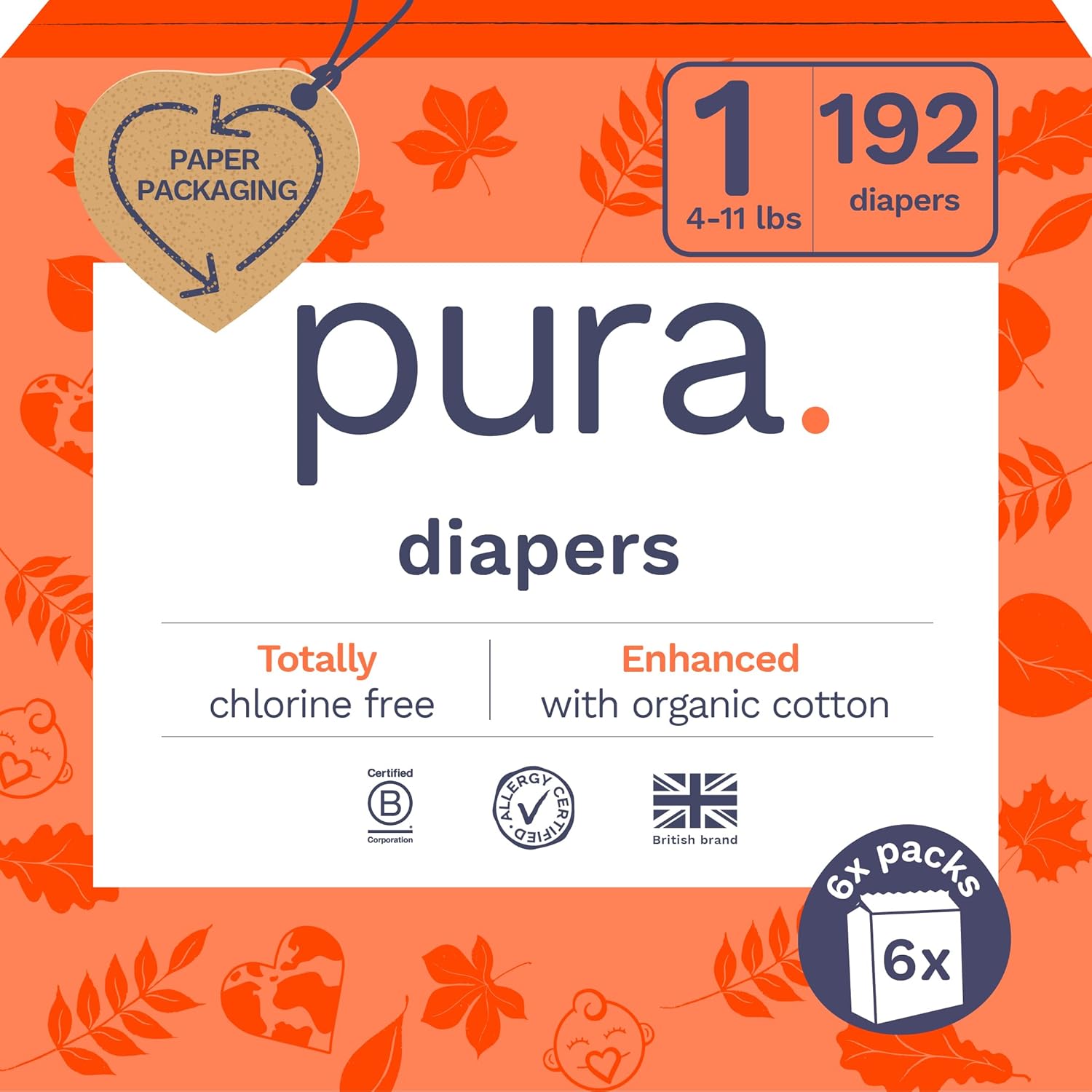 Pura Size 1 Eco-Friendly Diapers (4-11lbs) Hypoallergenic, Soft Organic Cotton Comfort, Sustainable, Wetness Indicator, Allergy UK, Newborn, Bulk Buy, 6 Packs of 32 (192 Baby Diapers)
