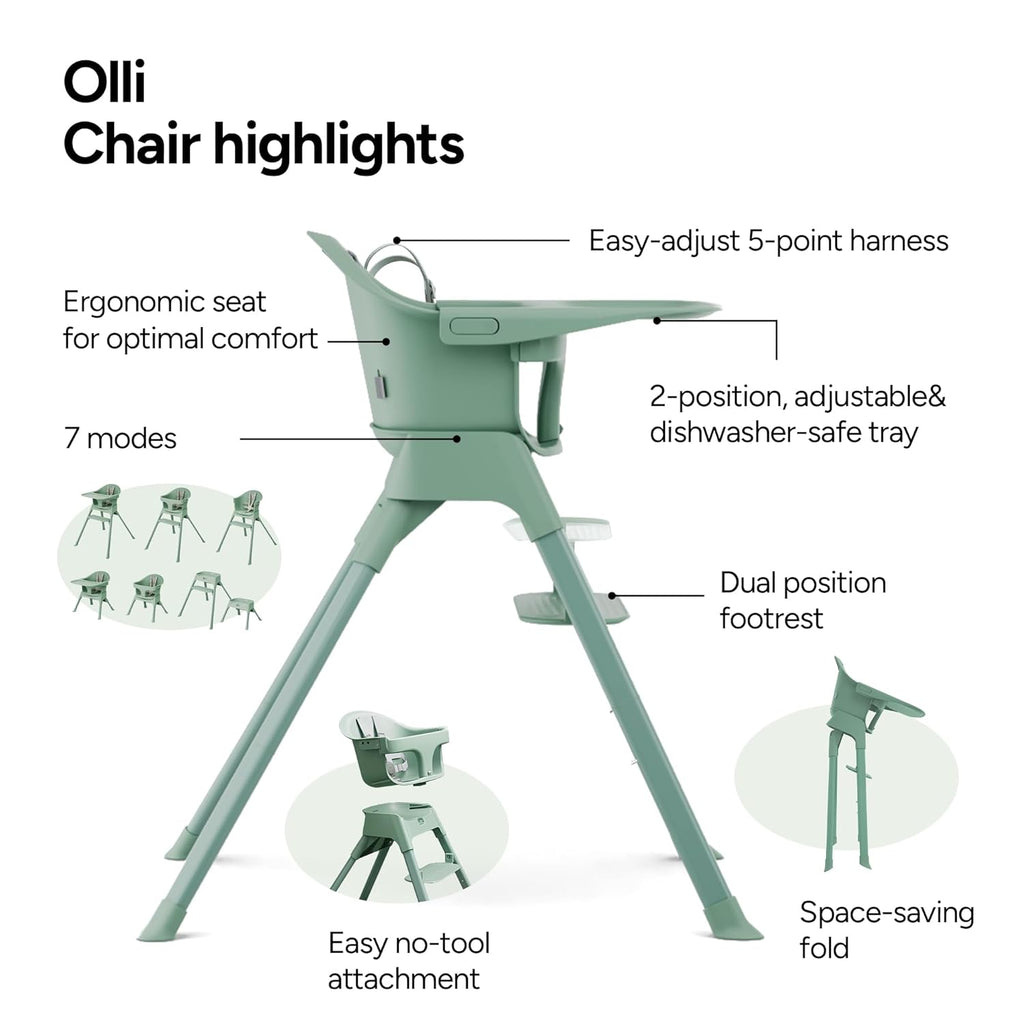 Mompush Olli 7-in-1 Convertible High Chair for Babies and Toddlers – Adjustable Height & Footrest, Dishwasher-Safe Tray, Compact Foldable Design for Easy Storage & Travel, Lightweight Yet Durable