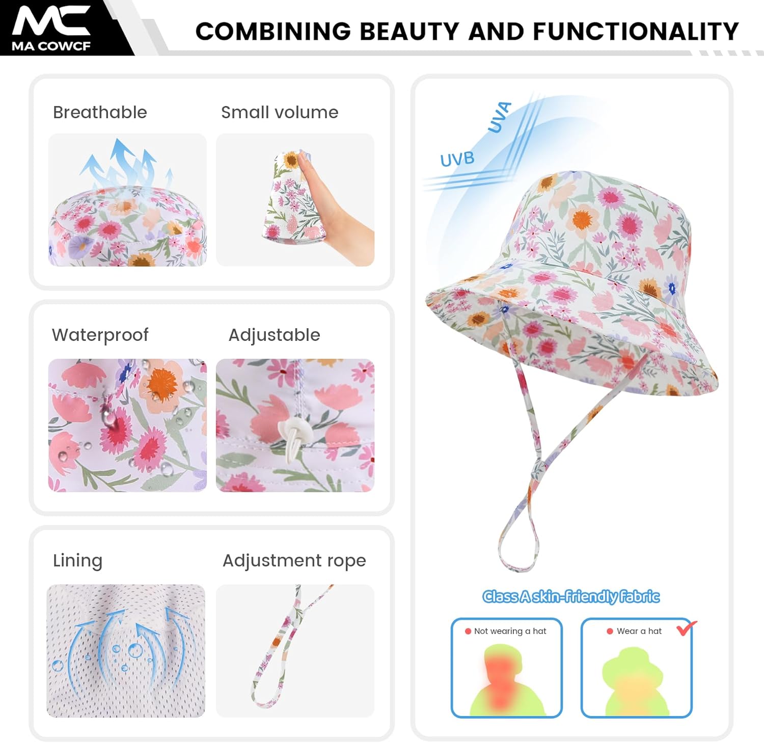 Baby Sun Hat 0-6 Years Toddler Boys Girls Adjustable Bucket Hats Kids Bucket Hats UPF 50+ Wide Brim Beach Swim Pool