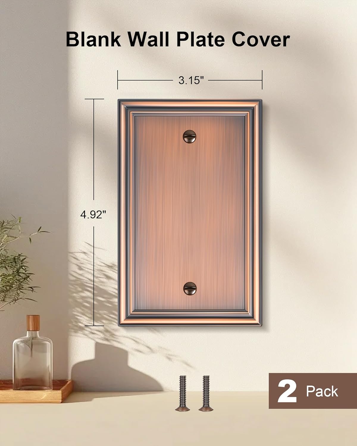 2-Pack Single Blank Wall Plates, Durable Solid Zinc Alloy Blank Outlet Covers, Decorative Antique Copper Wall Plate Cover for Unused Outlets/Switches, Corrosion Resistant