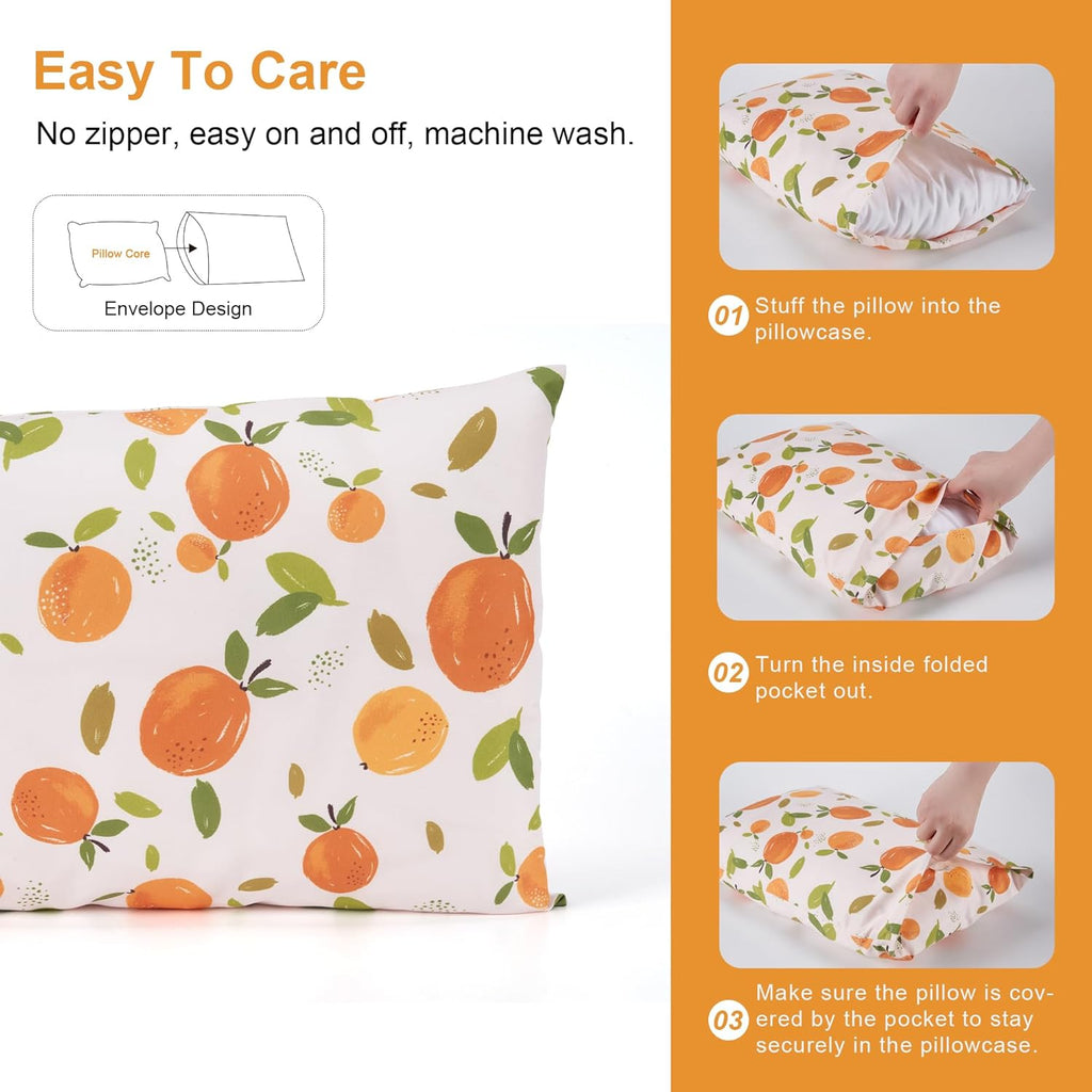 TILLYOU Toddler Pillowcases 13 x 18 Travel Pillow Case 2 Pack, Kids Pillowcases Machine Washable with Envelope Closure, Orange Flavour & Orange