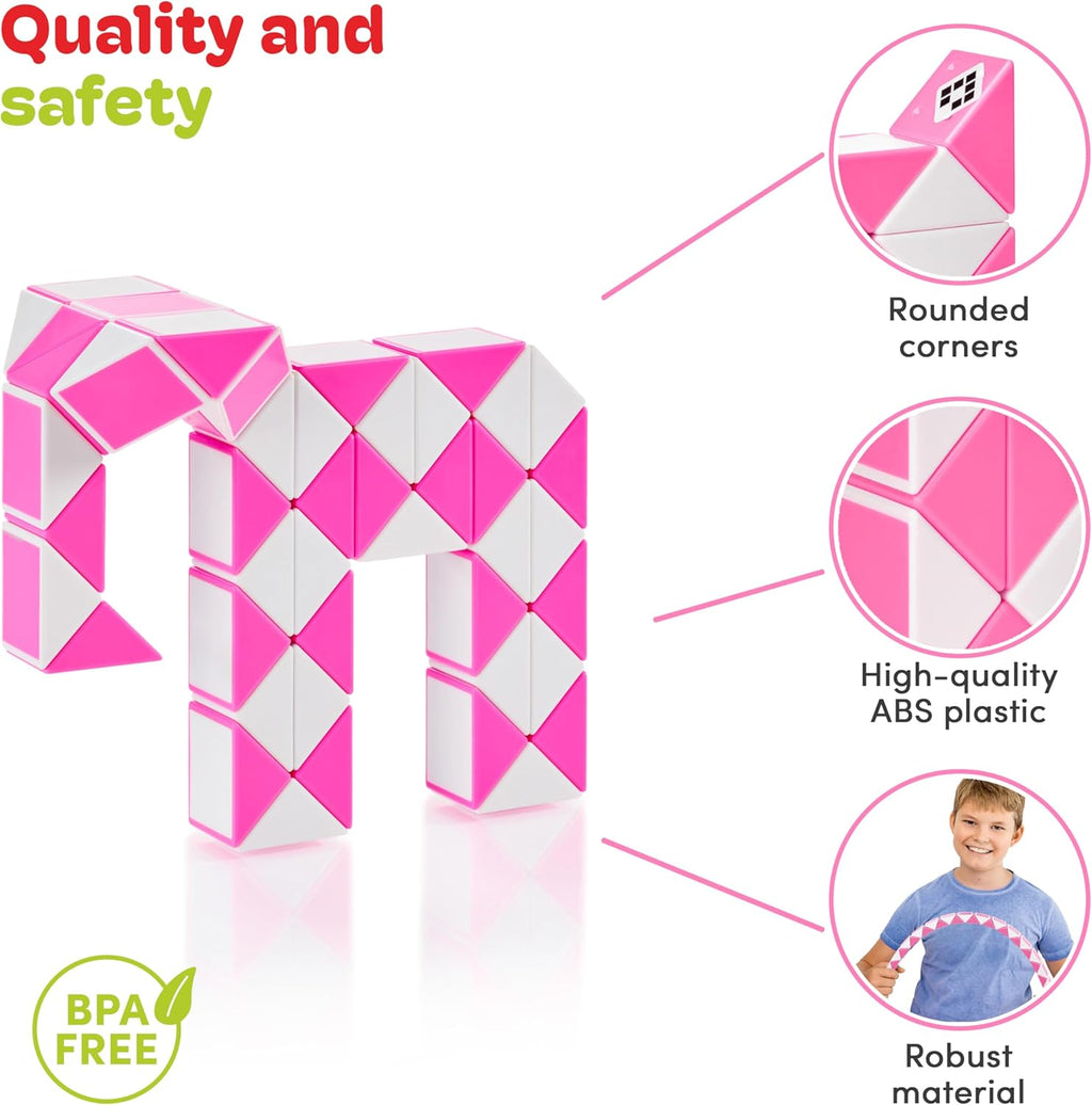 CUBIDI® Magic Snake Cube | Fidget Snake Toy for Kids | Travel Toys for Kids Ages 4-8 | Great Gift for Boys and Girls Birthday, Christmas, Stocking Stuffers - 48 Blocks | 0.9 inch x 0.7 inch | Pink