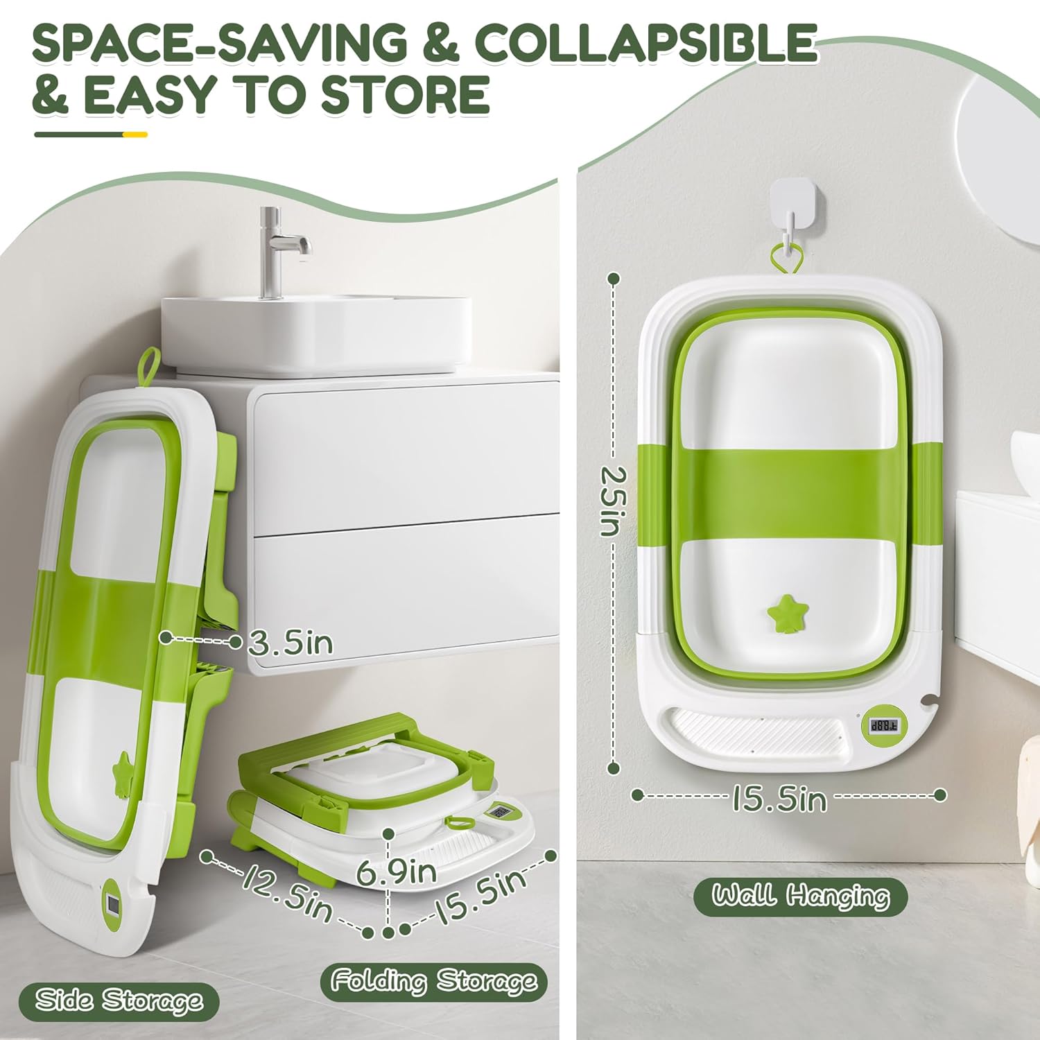 Collapsible Baby Bathtub,Baby Bath Tub with Thermometer & Soft Cushion,Baby Bathtub for Newborn to Toddler 0-36 Months,Portable Travel Baby Tub with No-Slip Feet,Baby Shower Gifts,Green