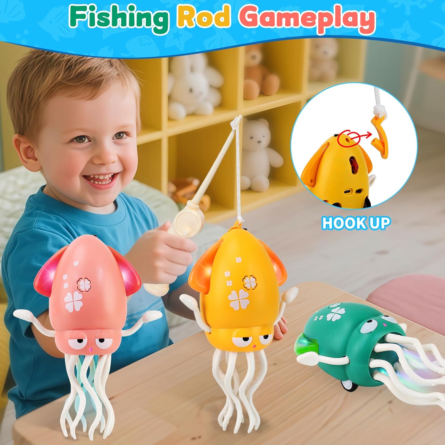 USB Rechargeable Dancing Octopus Baby Toy - Electric Crawling & Tummy Time Toy, Magical Musical Squid, Birthday for Kids Ages 1 2 3 4 5 6, Boys & Girls (Yellow)