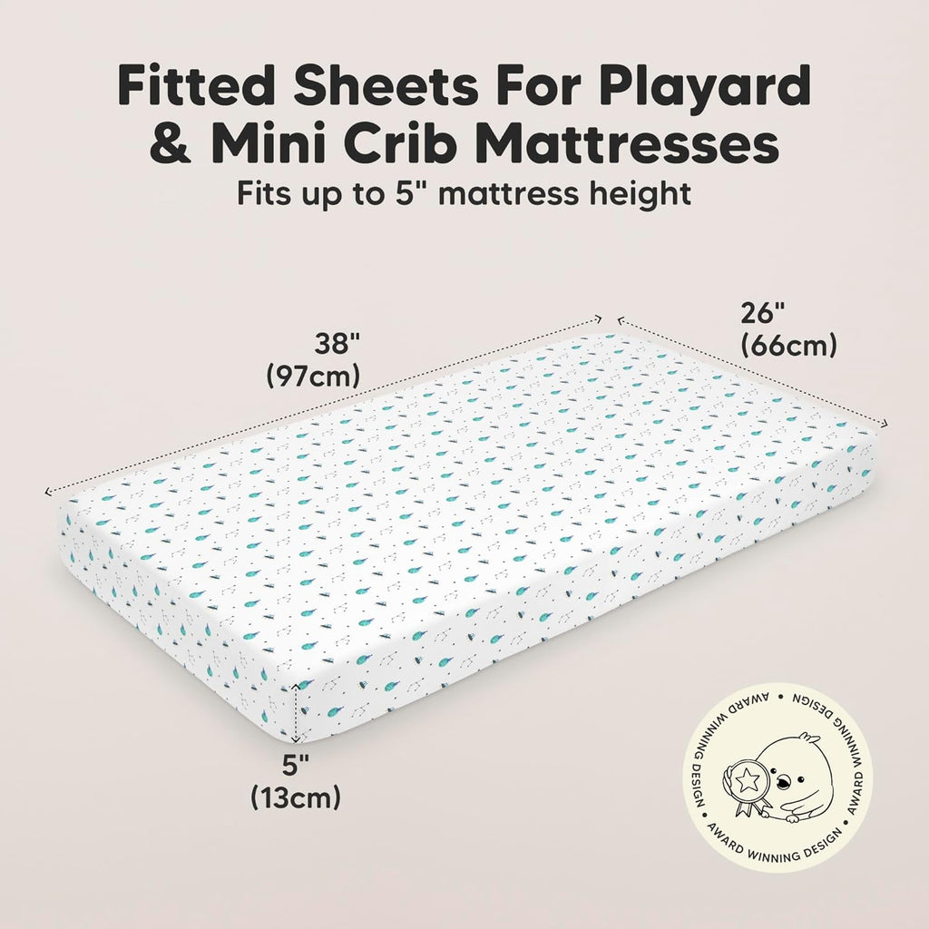 2-Pack Mini Crib Sheets Fitted - 38x26 Pack N Play Sheets for Pack and Play Mattress, Organic Cotton, Soft & Breathable Playard Bedding, Neutral Mini Toddler Bed Cover for Boys, Girls (Space Quest)