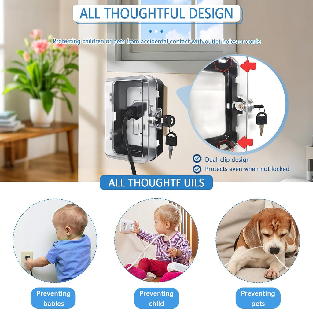 Child Proof Outlet Lock Box with 2 Durable Keys - Heavy Duty Safety Cover for Baby Proofing, Tool-Free Installation, More Space for Large Plugs Universal Fit Socket Protector (1Pack, Black)