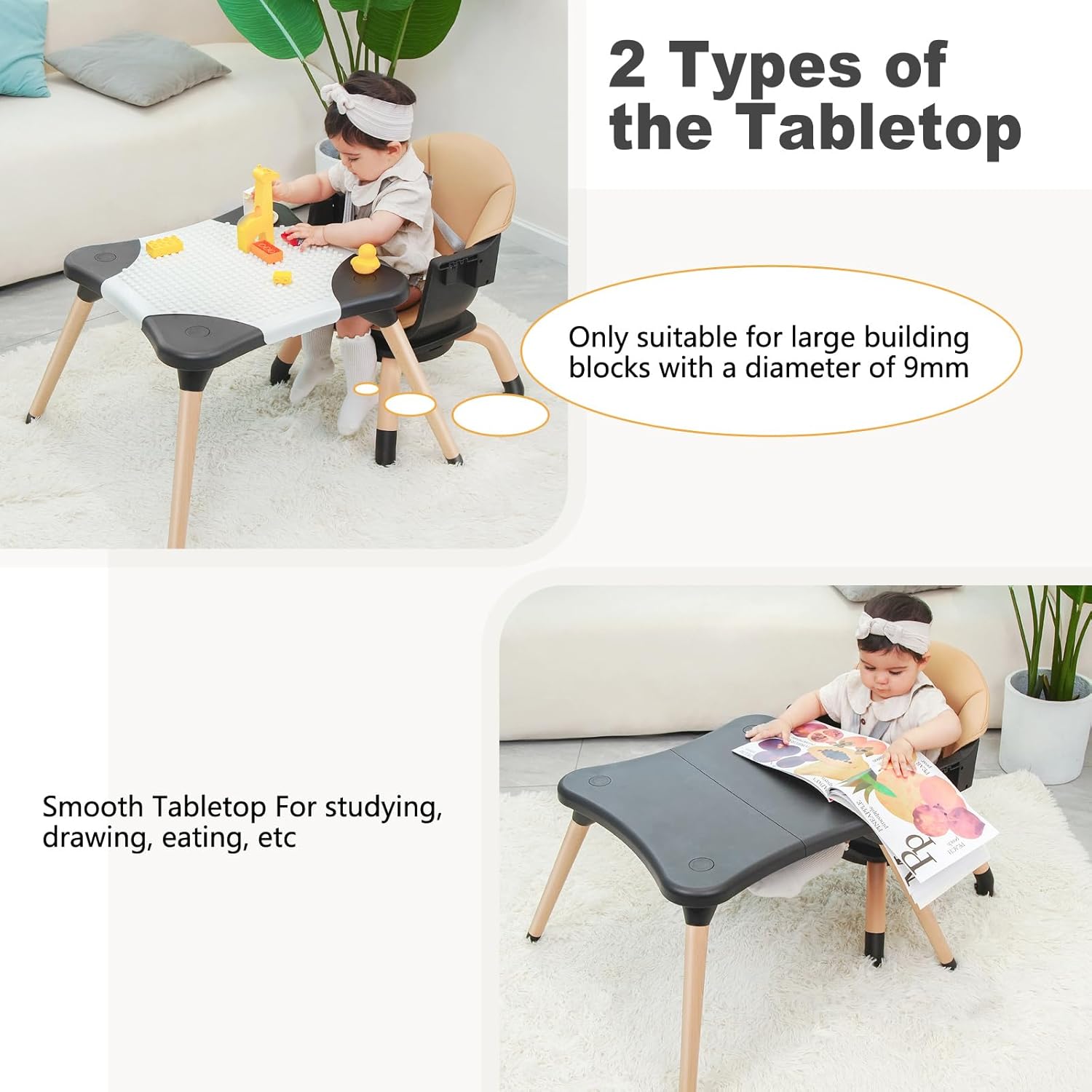 Baby High Chair, 7 in 1 Convertible High Chairs for Babies and Toddlers, Kids Learning Table, Building Block Table, Toddler Dining Chair with 360° Rotating Seat, 5-Point Safety Harness (Black)