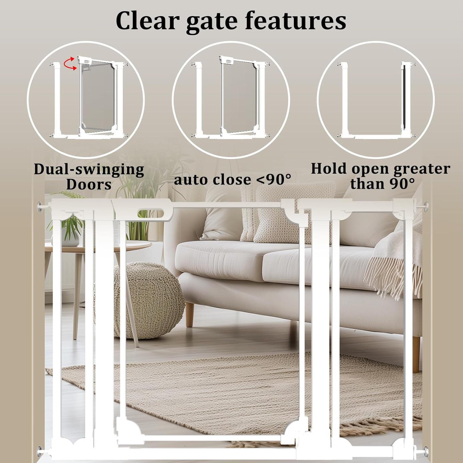 WAOWAO Clear Acrylic Baby Gate for Stairs Modern Design Acrylic Auto Close Pet Gate, 29.52-37.79" Wide Safety Baby Gate for Doorways,White Clear Dog Gates Indoor, Hallways,Kitchen