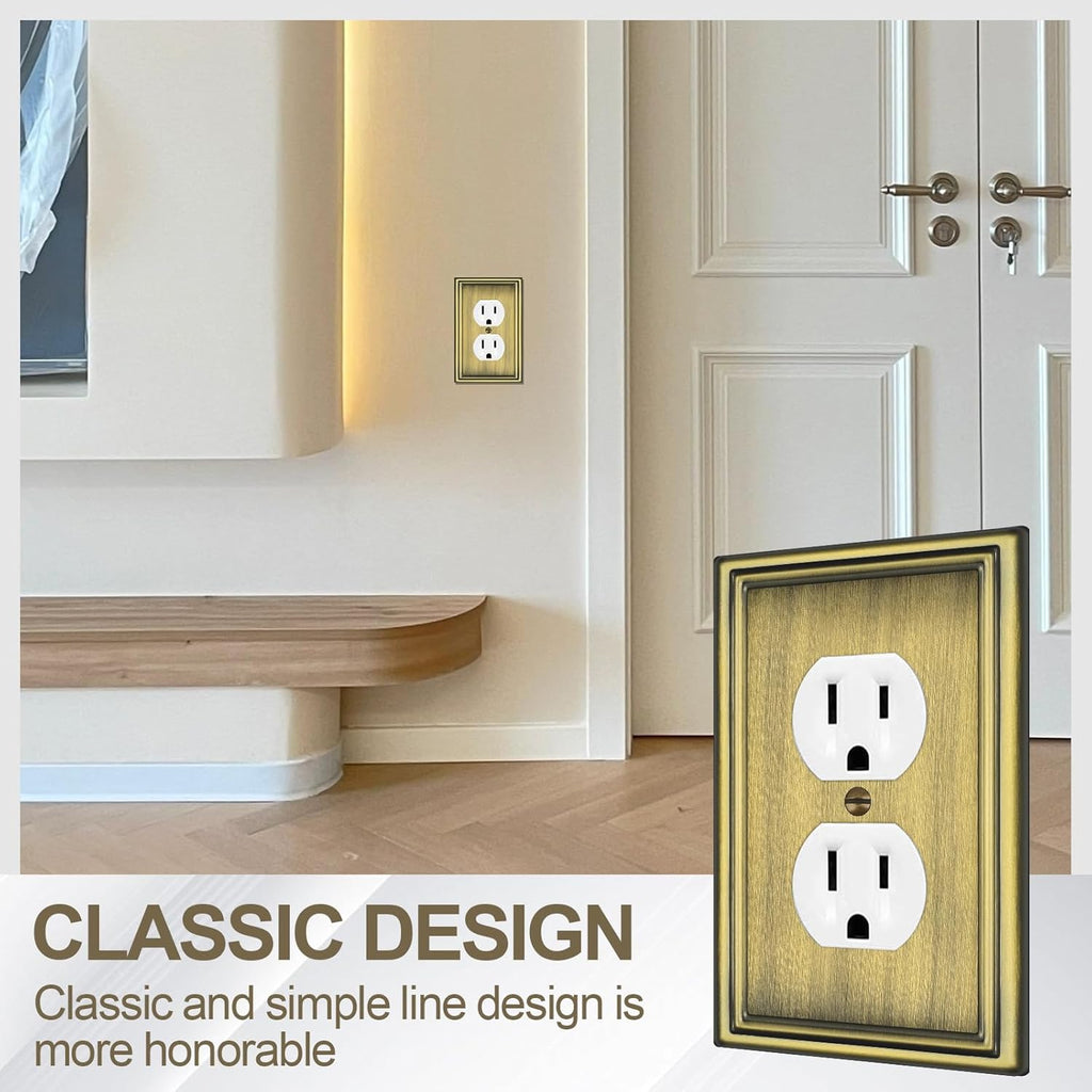 6 Pack Duplex Outlet Covers Wall Plates, Antique Brass Metal Electric Receptacle Cover, Classic Decorative Switch Plate and Outlet Cover, 1 Gang Wall Plate for Electrical Outlets