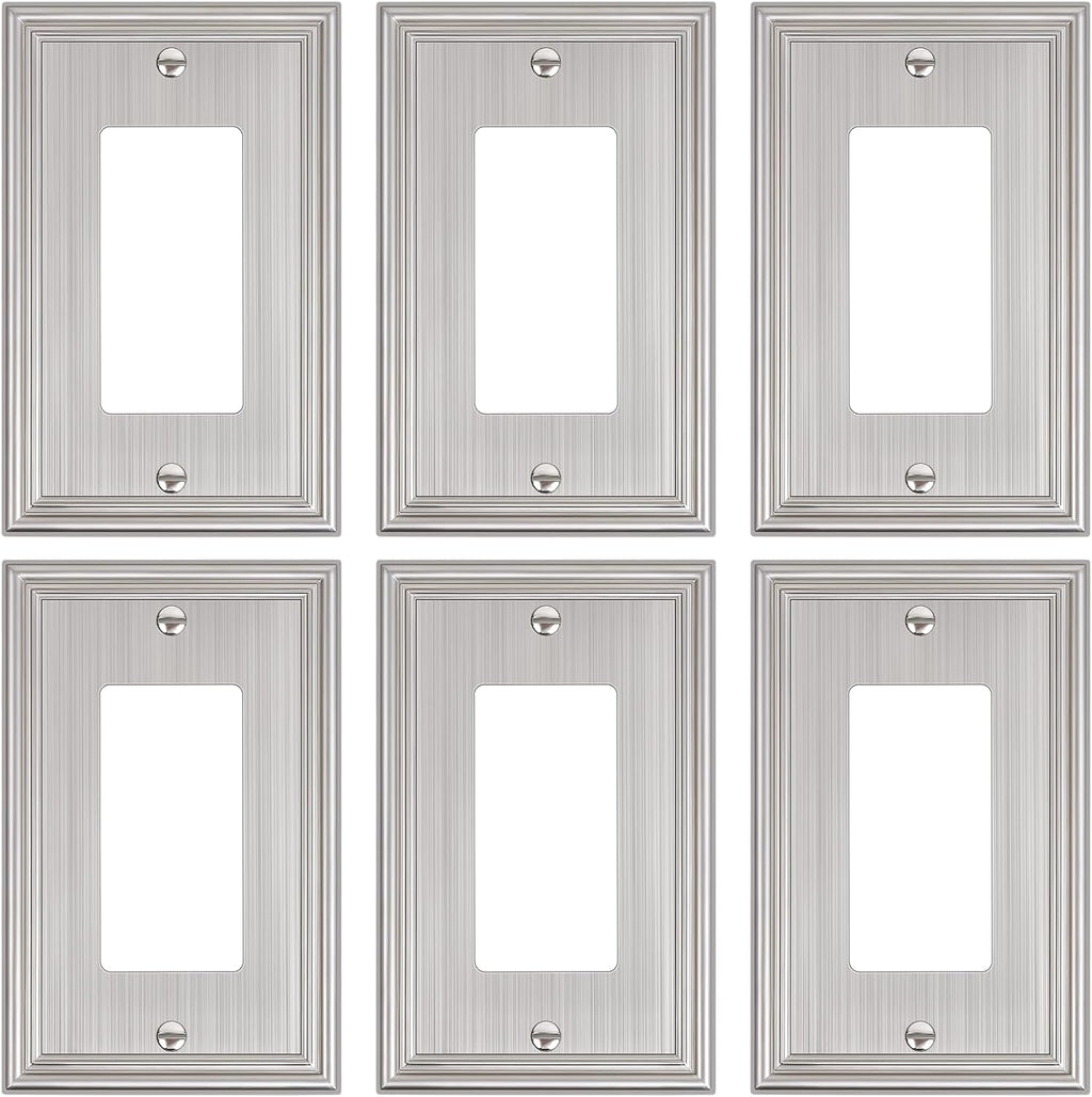 6-Pack Decorator Outlet Cover Plate, Brushed Nickel Decorative Switch Plates and Outlet Covers, Durable Zinc Alloy Wall Plates for Electrical Outlets, Receptacle, GFCI Outlet, Dimmer Switch