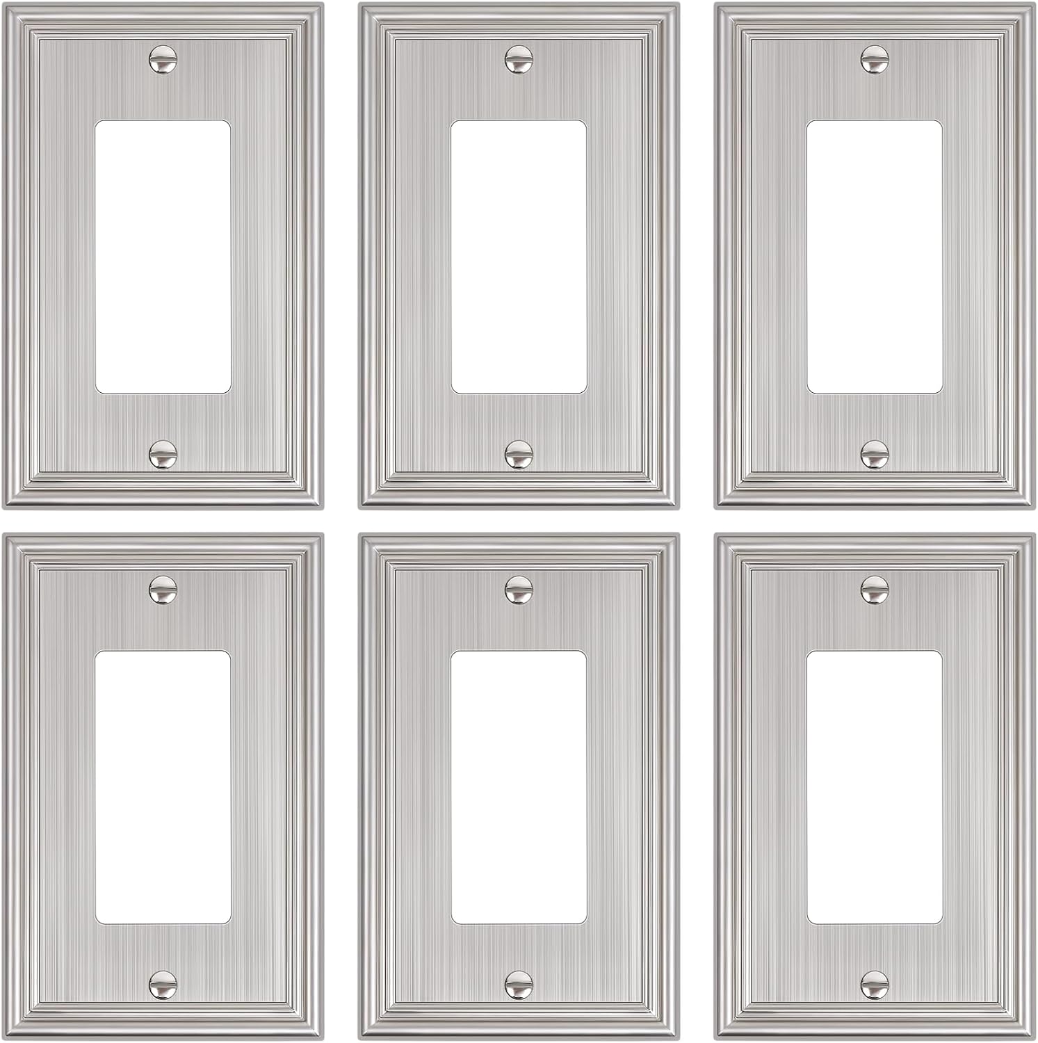 6-Pack Decorator Outlet Cover Plate, Brushed Nickel Decorative Switch Plates and Outlet Covers, Durable Zinc Alloy Wall Plates for Electrical Outlets, Receptacle, GFCI Outlet, Dimmer Switch