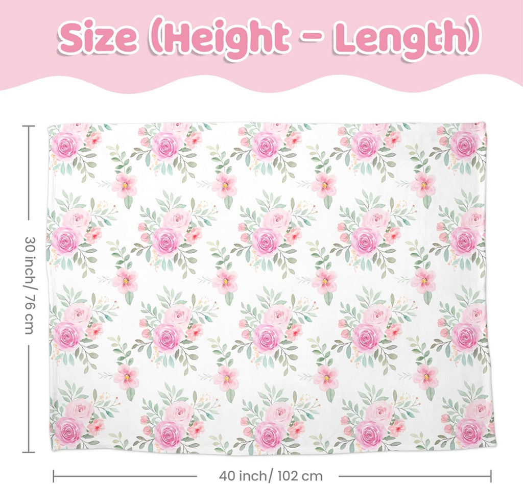 Floral Minky Baby Blanket 30 x 40 Inches for Girls, Soft Plush Receiving Blanket with Dotted Back, Gift for Newborn Infant Toddlers, Baby Shower, Christmas Birthday