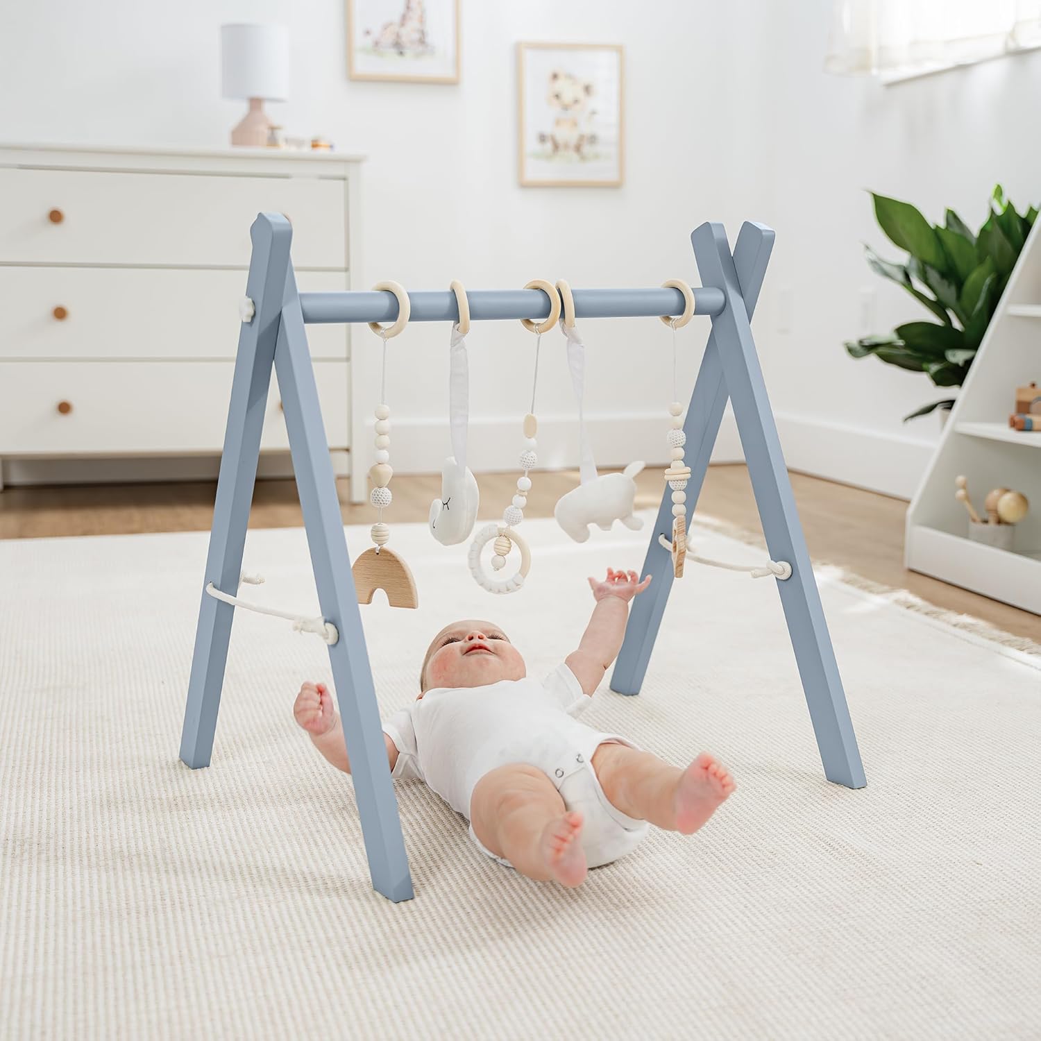 Comfy Cubs Wooden Baby Play Gym - Natural Finish Pinewood Baby Activity Gym with 5 Sensory Hanging Toys - Easy No-Tool Assembly, Safe and Durable for Infant Motor and Visual Development - Pacific Blue