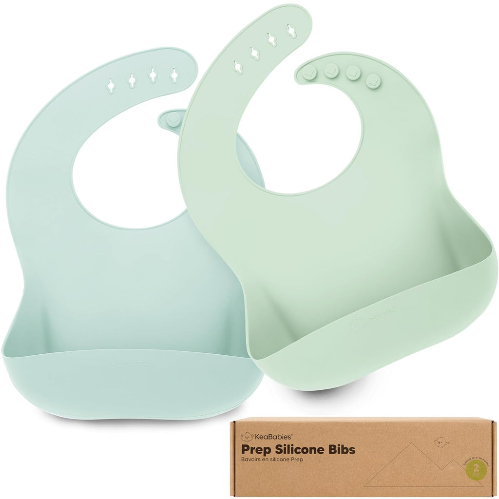 KeaBabies 2-Pack Silicone Baby Bibs for Eating - Sturdy Food-Grade Silicone Bibs for Babies Girl, Boy, Large Food Catcher, Clean & Put On Easily, Waterproof Toddler Feeding Essentials(Pastel Sky)