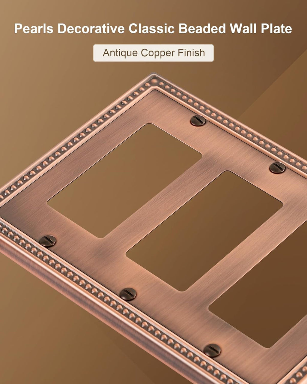 2-Pack Triple Decorator Outlet Cover Plate, Antique Copper Pearls Decorative Switch Plates and Outlet Covers, Metal Wall Plates for Electrical Outlets, Receptacle, GFCI Outlet, Dimmer Switch