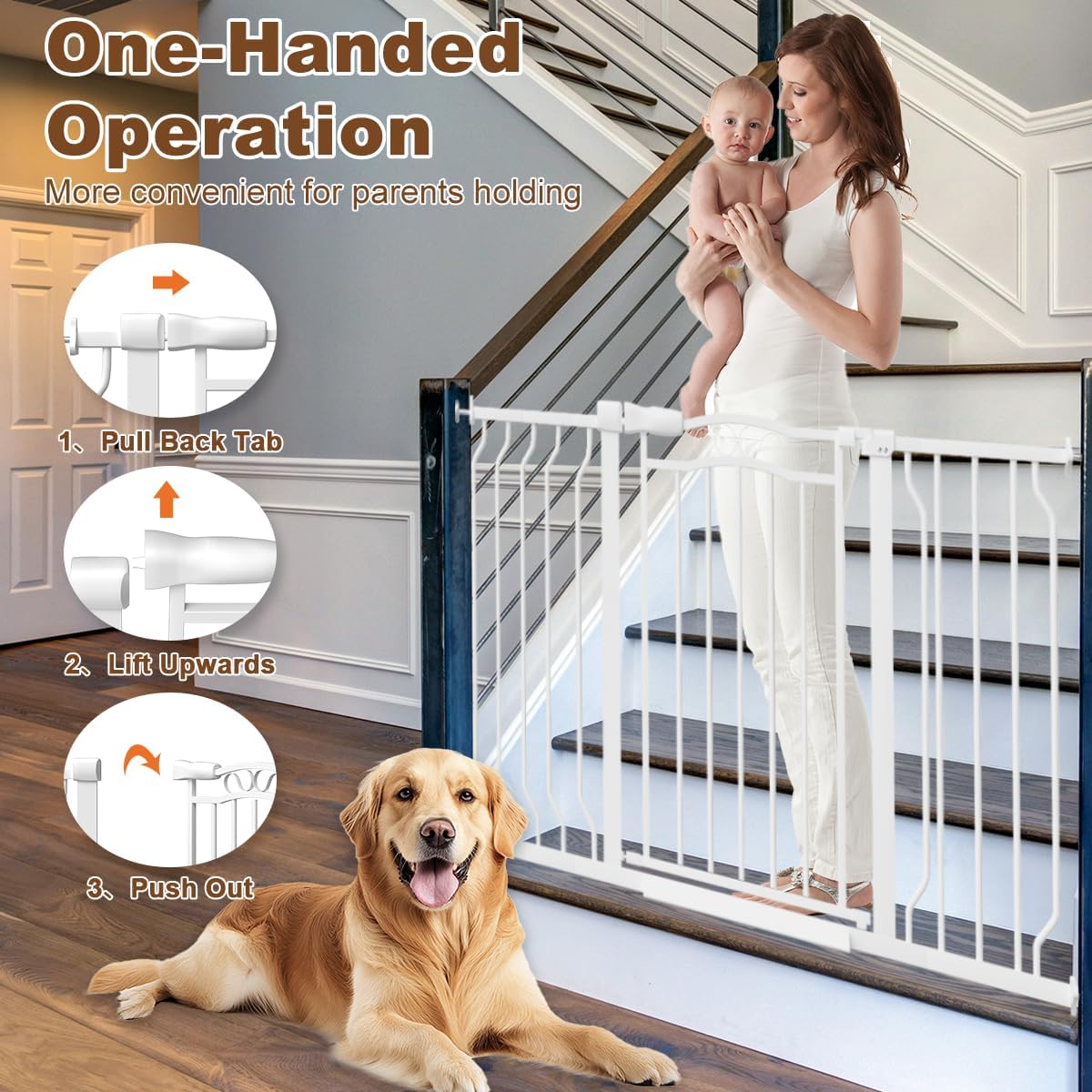 67.3-81.1" Extra Wide Baby Gate for Stairs No Drilling, 30" Tall Auto Close Press Mounted Dog Gates for Doorways, Adjustable Width Walk Through Long Gates for Kids or Pets, White
