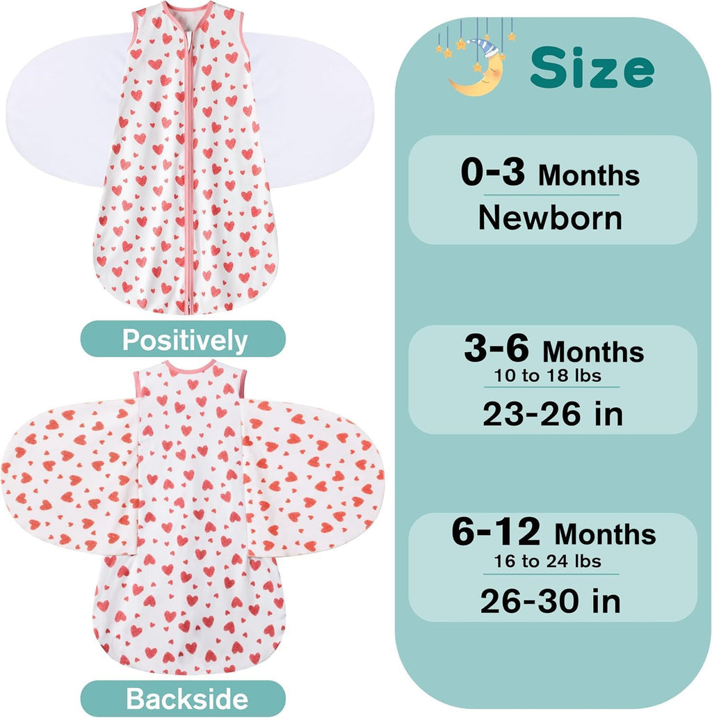 Newborn Sleep Sack Baby Swaddle,Swaddle me 0-3 Month,3-Way Adjustable Wearable Blanket,100% Rayon Cotton Swaddling Sleeping Bag，TOG 0.5 (Love, 0-3 Months)