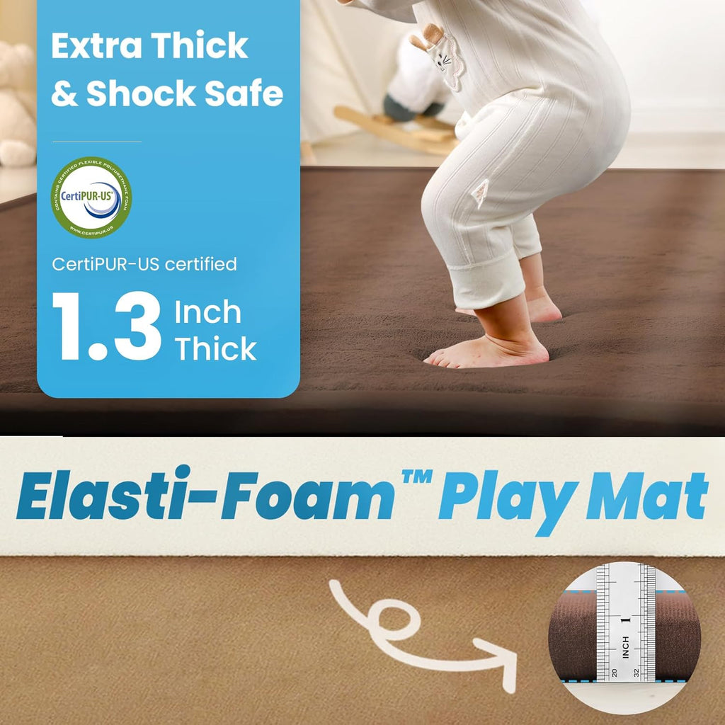 1.3" Thick Baby Play Mat,Ultra Soft Elasti-Foam 50×50 Playpen Mat for Tummy Time,Water-Repellent Coral Fleece Nursery Rug for Infants,Toddlers,Kids,Non-Slip Safe for Crawling(Chocolate Brown)