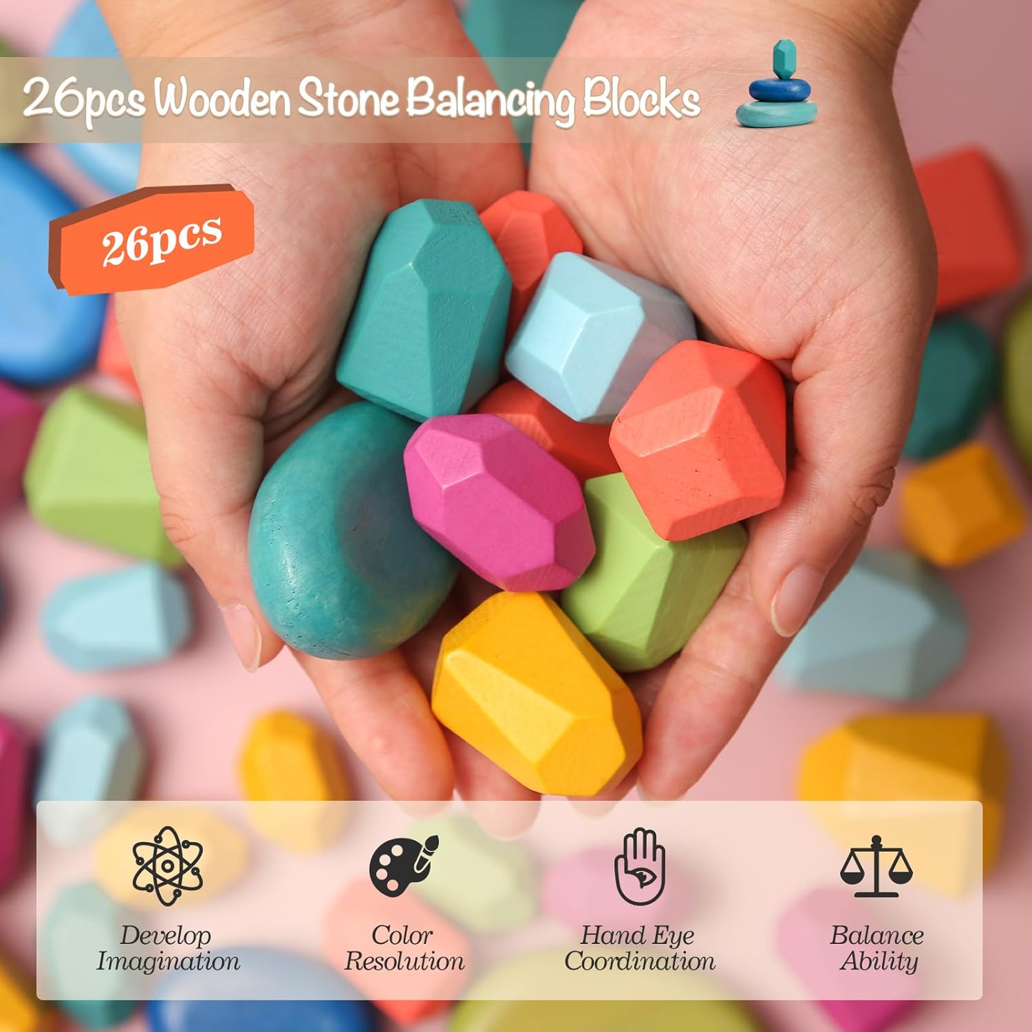 OESSUF Stacking Rocks 26Pcs Stacking Blocks Balancing Stones Wooden Building Toys Wood Stone Stacking Game for Toddler Sorting Preschool Educational Montessori Stacking Rocks for Kids