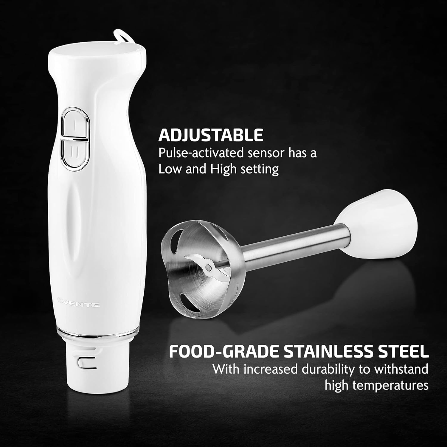 OVENTE Immersion Hand Blender, 300W Electric Handheld Portable Stick Mixer with 2 Mixing Speed and Stainless Steel Blades for Effortless Blending Smoothies, Shakes, Puree or Baby Food, White HS560W