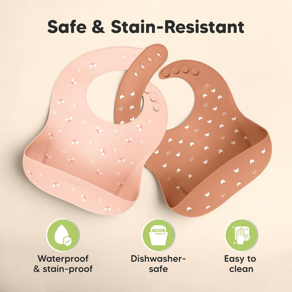 KeaBabies 2-Pack Silicone Baby Bibs for Eating - Sturdy Food-Grade Silicone Bibs for Babies Girl, Boy, Large Food Catcher, Clean & Put On Easily, Waterproof Toddler Feeding Essentials (Butterflies)