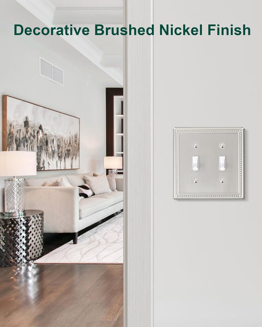 2-Pack Double Toggle Light Switch Cover Plate, Pearls Decorative Dual Switch Plate Covers, Brushed Nickel 2 Gang Metal Wall Plate, Corrosion Resistant