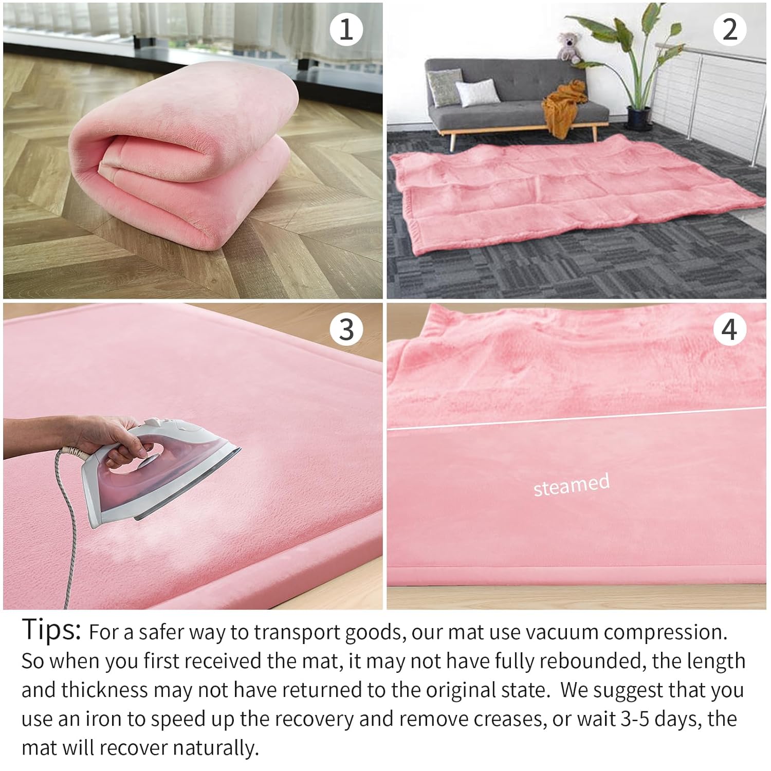 Baby Play Mat for Floor,1.3" Thick Elasti-Foam 50x50 Playpen Mat for Toddlers Infant Kids,Water-Repellent Soft Coral Velvet Tummy Time Mat,Non Slip Crawling Mat,Tatami Mat(Pink)