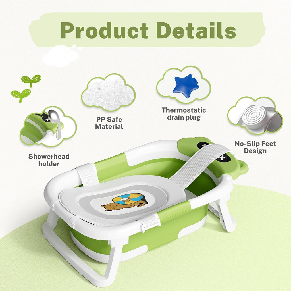 AVIDOR Baby Bathtub,Collapsible Bathtub for Newborn to Toddler,Durable Essential Infant Bath Tub,Portable Travel Baby Tub with Soft Cushion,No-Slip Hanging and Detachable(Green)