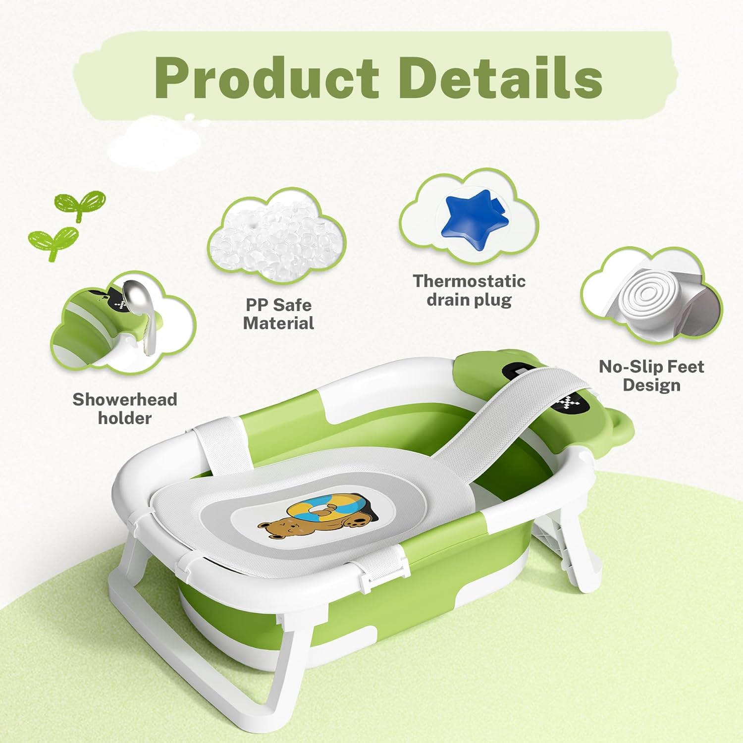 AVIDOR Baby Bathtub,Collapsible Bathtub for Newborn to Toddler,Durable Essential Infant Bath Tub,Portable Travel Baby Tub with Soft Cushion,No-Slip Hanging and Detachable(Green)