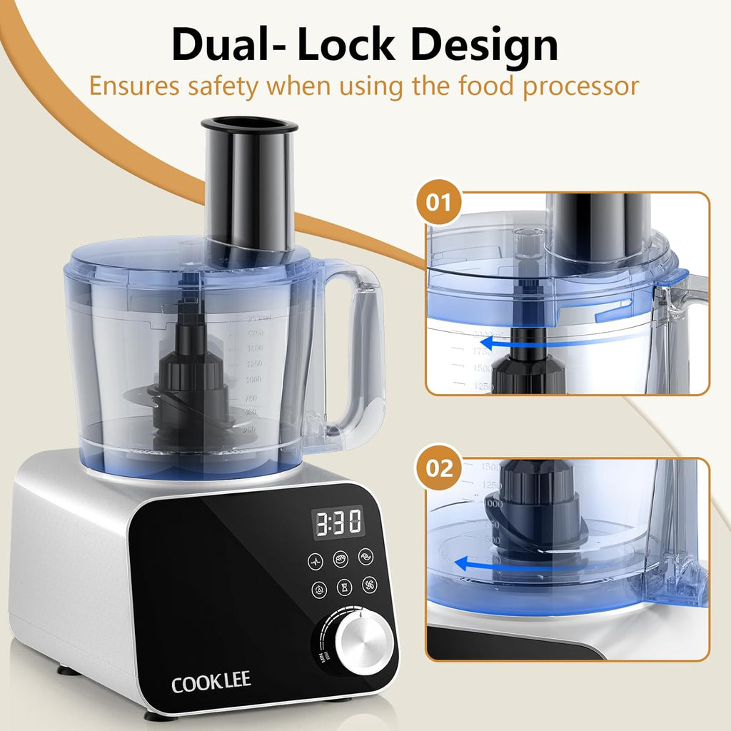 COOKLEE Food Processor, 600 Watts, 6 Functions Electric Food Chopper for Chopping, Mincing, Dicing, Shredding, Slicing, Purees & Dough with 12cup Processor Bowl, Food Chute & Pusher, Silver