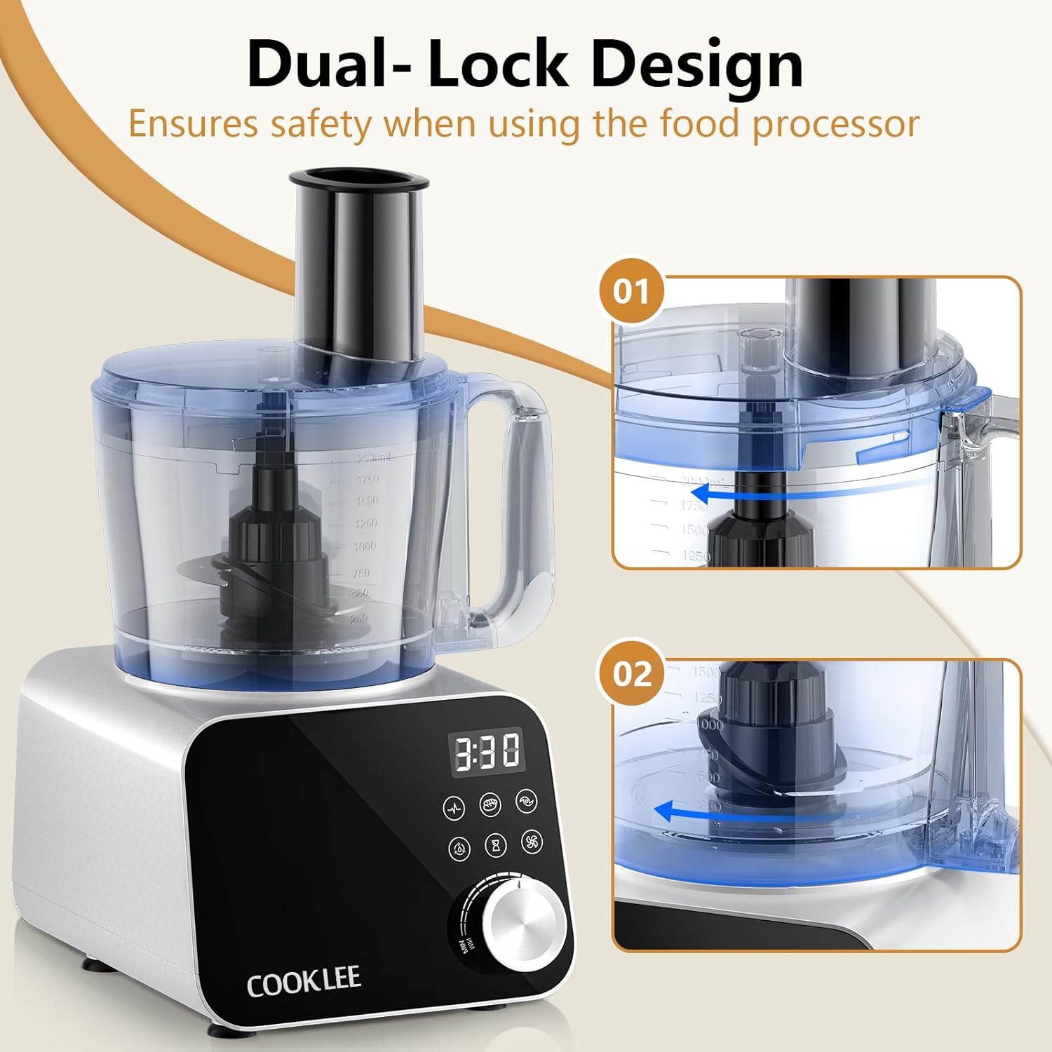 COOKLEE Food Processor, 600 Watts, 6 Functions Electric Food Chopper for Chopping, Mincing, Dicing, Shredding, Slicing, Purees & Dough with 12cup Processor Bowl, Food Chute & Pusher, Silver