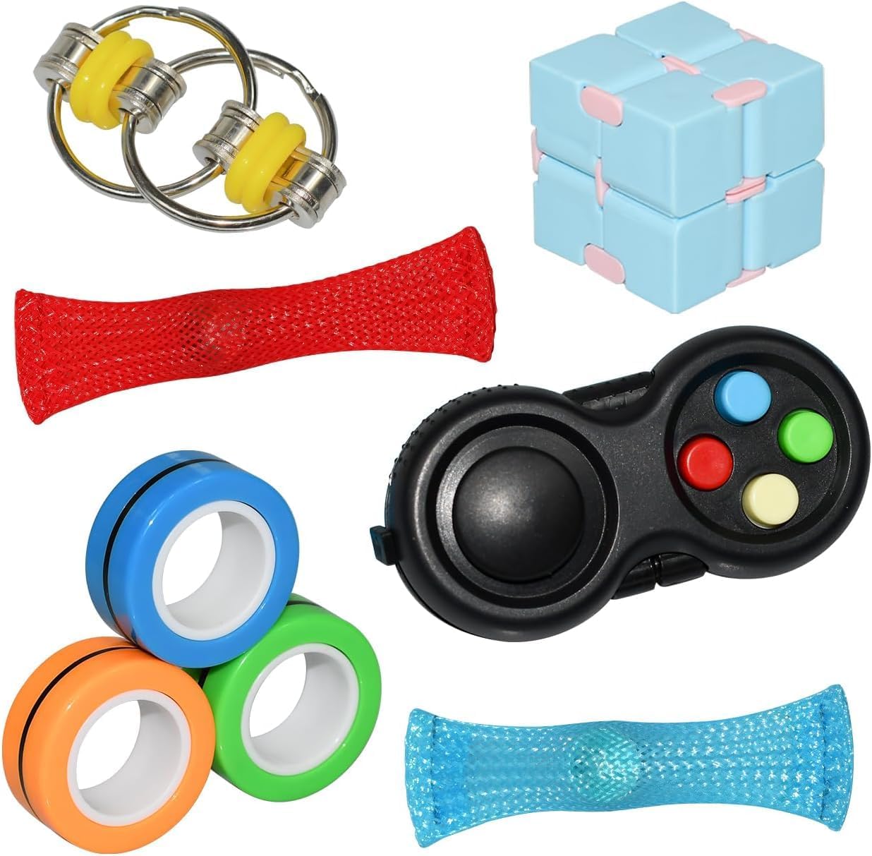 Sensory Fidget Toys Set 6 Pack with Infinity Cube, Magnetic Rings, Fidget Gaming Pad, Flippy Chain and More, Relieve Stress and Anti-Anxiety for Kids and Adults