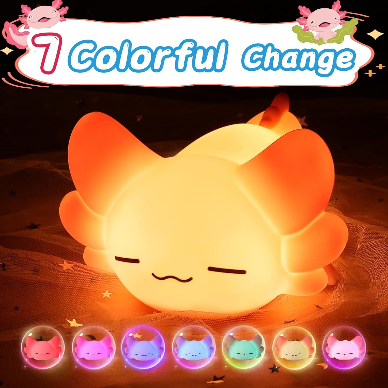 LOVERUIS Axolotl Kids Night Light Axolotls Gifts Night Lights for Kids Colorful Light with 1/3 Hours Timer Cute Nursery Night Lamp Girl Decoration Room