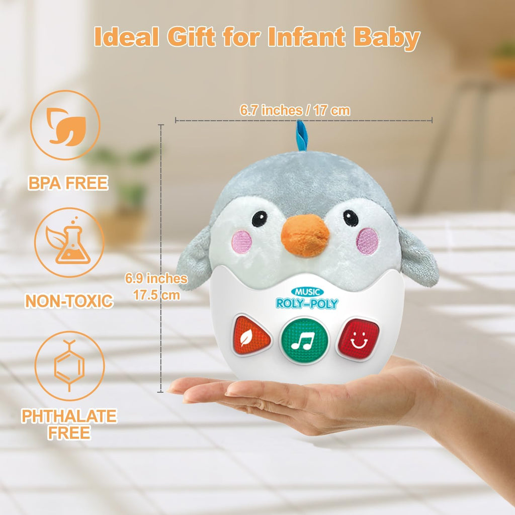 Infant Toys 0-3-6-12 Months Shower Gifts, Plush Cute Stuffed Animal Penguin Musical Baby Tummy Toys with Light & Sounds, Roly-Poly Easter Birthday Gift for Newborn Boys & Girls