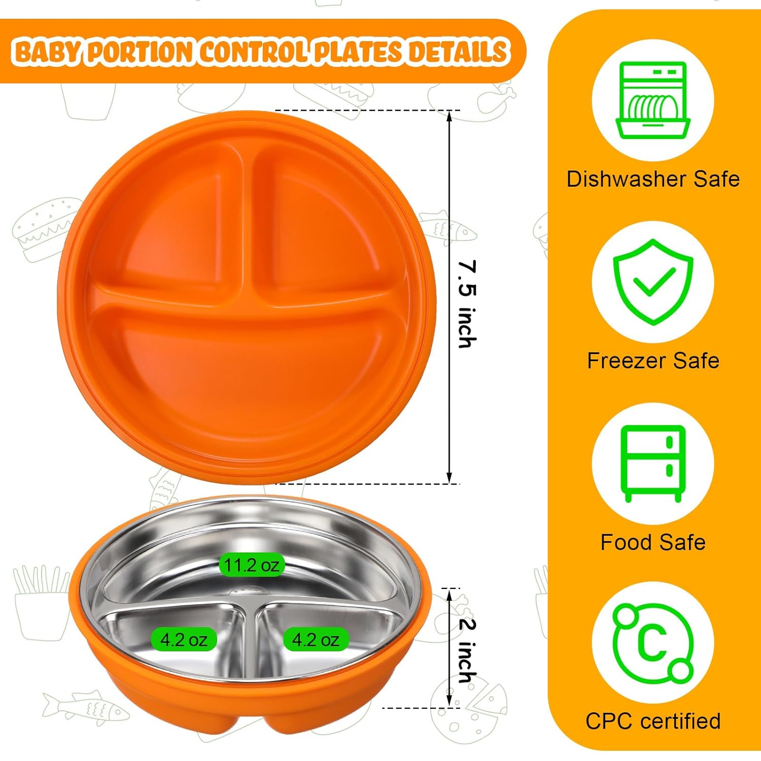 Nuogo 2 Pcs Stainless Steel Baby Suction Plates with Removable Silicone Shell 2-in-1 Metal Toddler Bowl Divided for Picky Eaters Kids Feeding Led Weaning Supplies, Dishwasher Safe (Orange,Red)