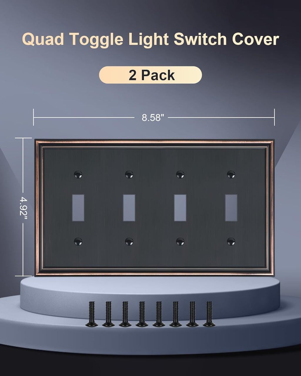 2-Pack Quad Toggle Light Switch Cover Plate, Durable Zinc Alloy Decorative Switch Plate Covers, Aged Bronze 4 Gang Wall Plate for Toggle Light Switch and Rotary Dimmer Switch