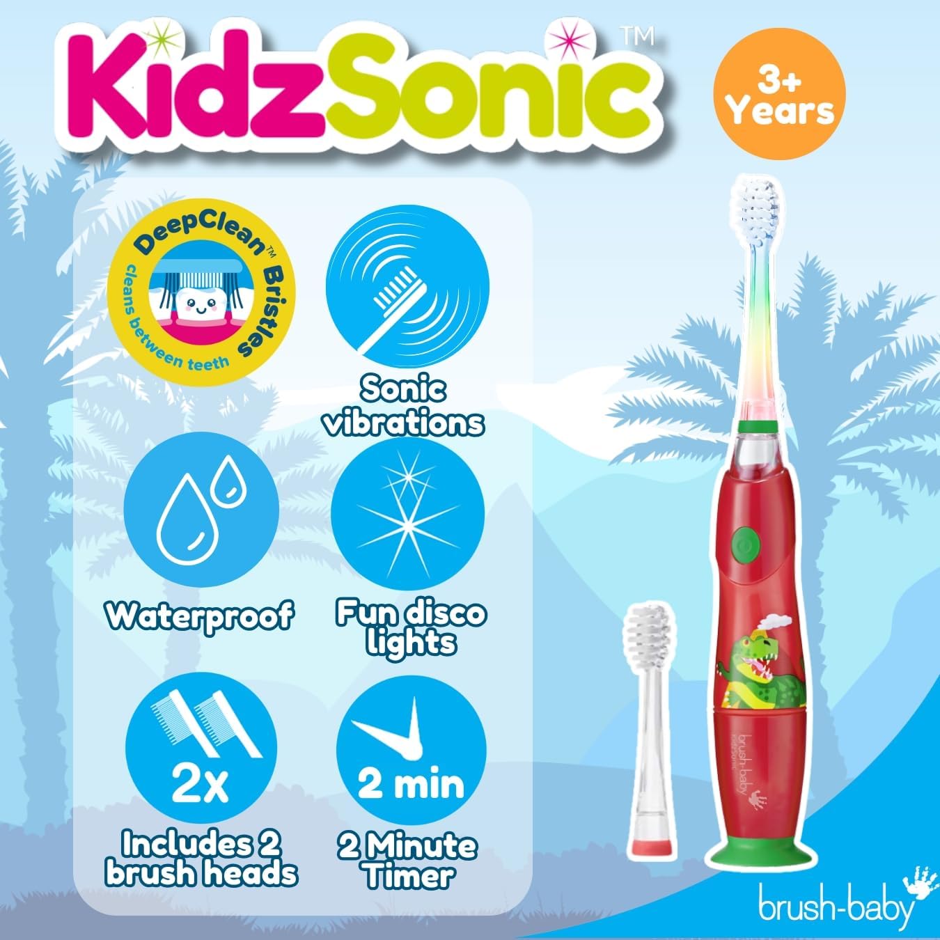 Brush‑Baby - KidzSonic Dinosaur Kids Electric Toothbrush for Ages 3+ with Disco LED Lights, Gentle Sonic Vibrations, 2-Minute Smart Timer & 30‑Second Pulse Reminders – AAA Battery Included