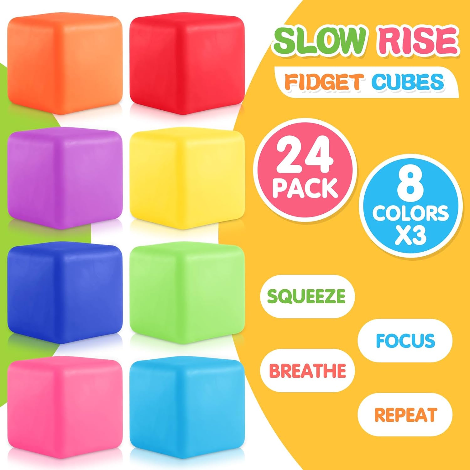 Fidget Toys Stress Cube, 24Pcs Stress Balls Bulk for Kids and Adult, Slow Rising Stress Ice Cube Stress Balls, Dough Stress Balls Soft Fidget Squishy Toys for Anxiety Relief, Square Ball (24PACK)
