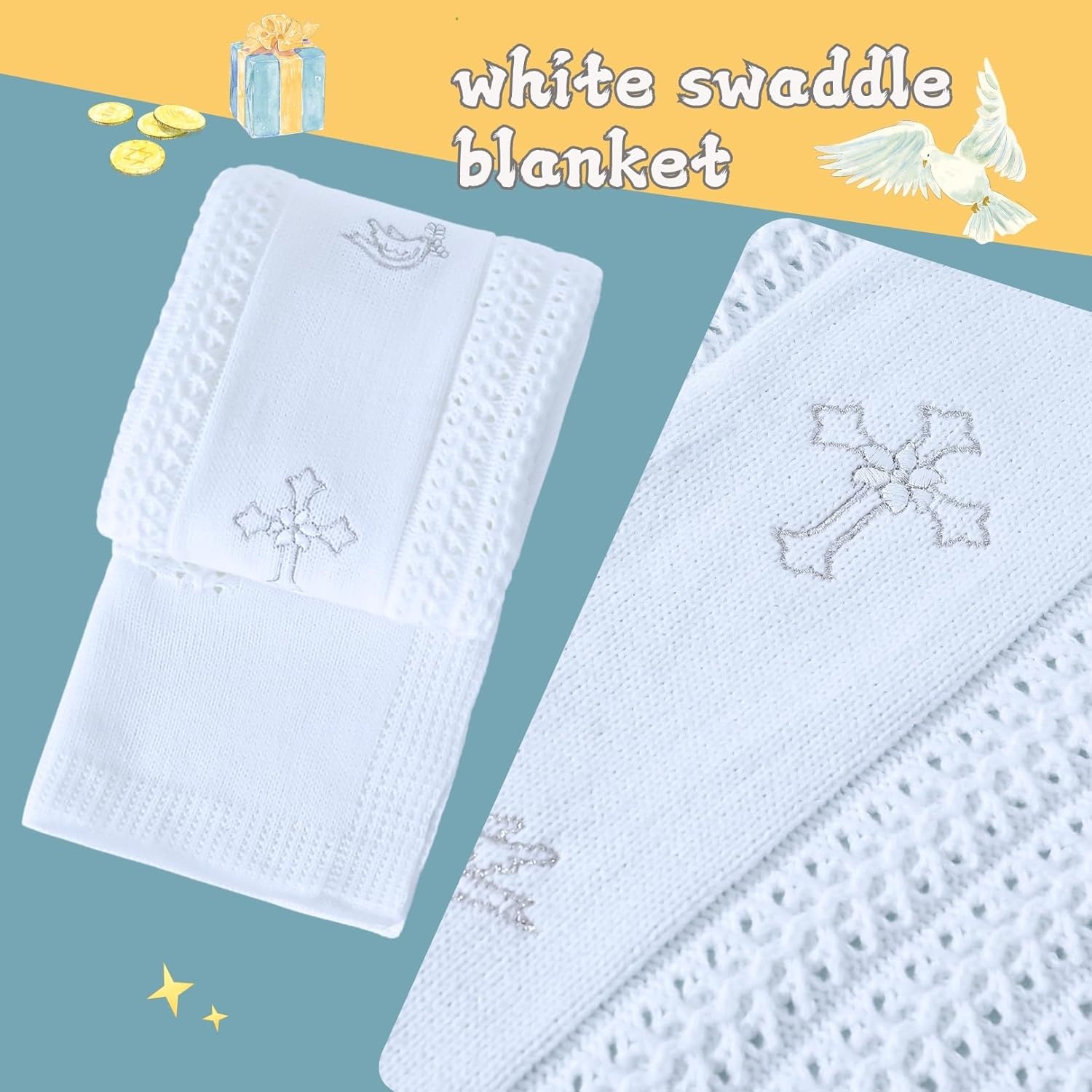 Booulfi Baby Blankets for Boys Girls Baby Receiving Blankets Silver Cross Dove of Peace Embroidery White Knitted Blanket Soft Crib Blanket Newborn Essentials Baptism Christening Gifts Size 39X34