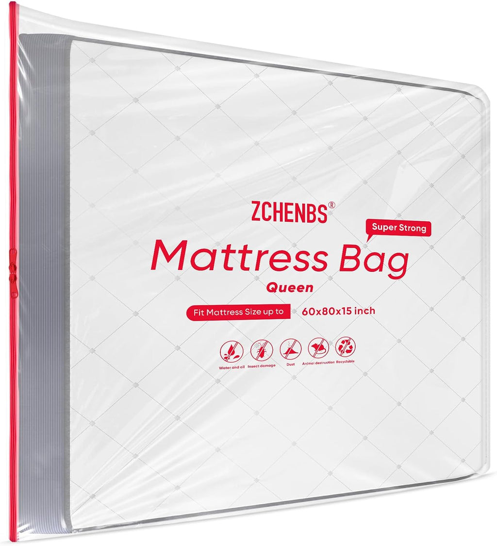 ZCHENBS® – Mattress Bags for Moving and Storage,Mattress Bag with Zippers,5 Mil Ultra-Thick Bed Bag,Waterproof,Anti-Tear,Heavy-Duty Mattress bag (Transaparent/Red, Queen-(1 Pack))