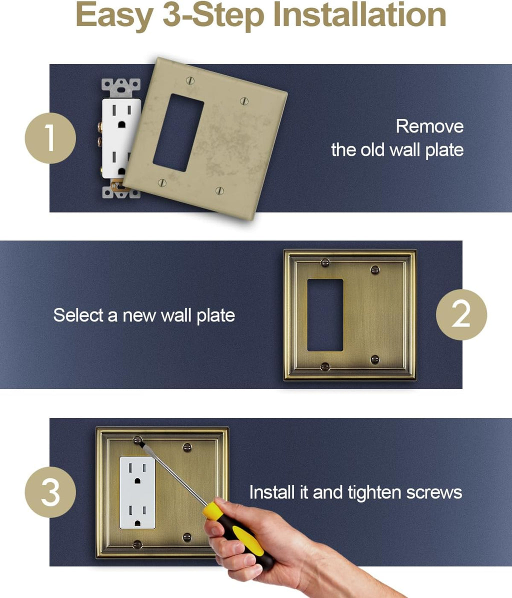 1-Pack Antique Brass Combination Decorator Rocker/Blank Wall Plates, Metal Switch Plates Outlet Covers, 2-Gang, 4.96''*4.88'', Midsize