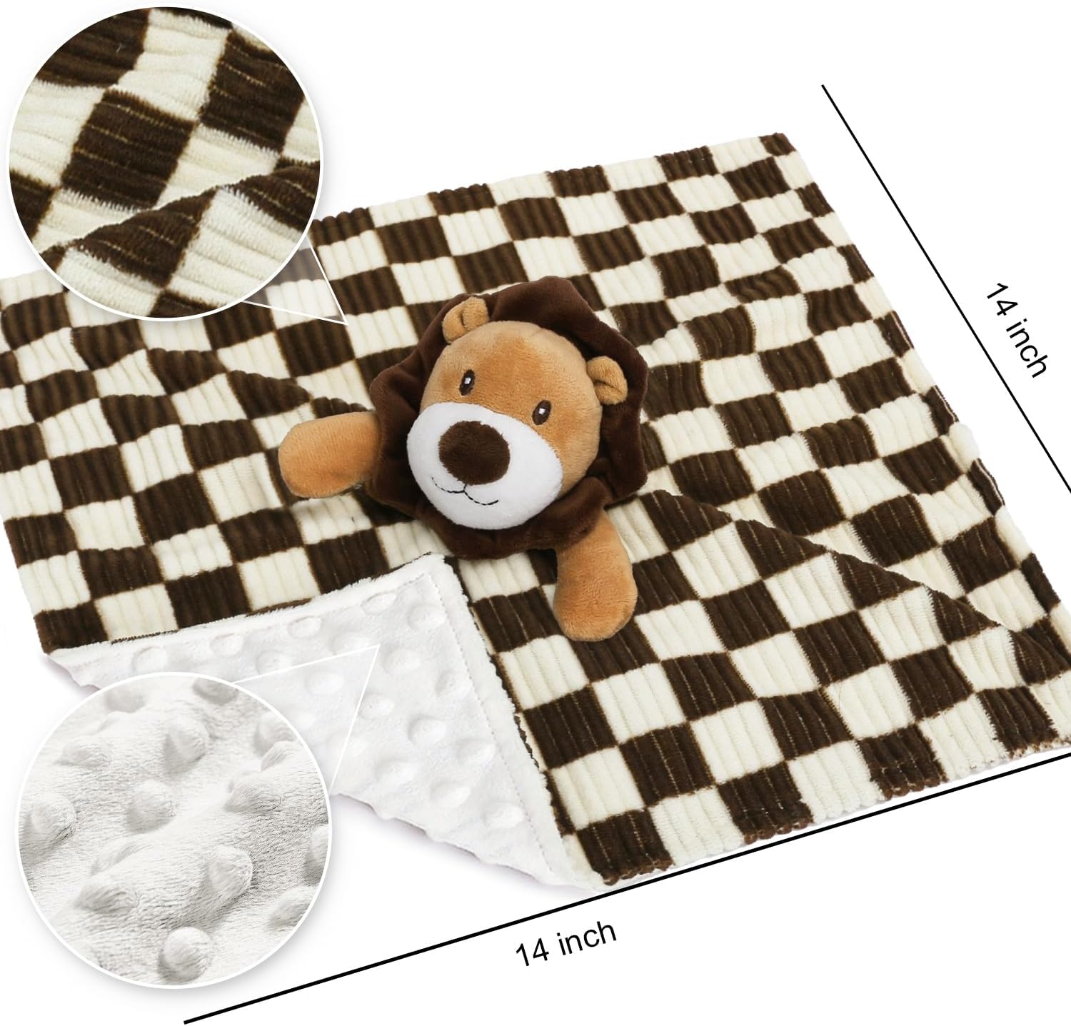 Baby Lovey Blanket for Boys Girls Super Soft Checkerboard Gingham with Minky Dot Fabric Backing Lion Lovely Black 14 Inch