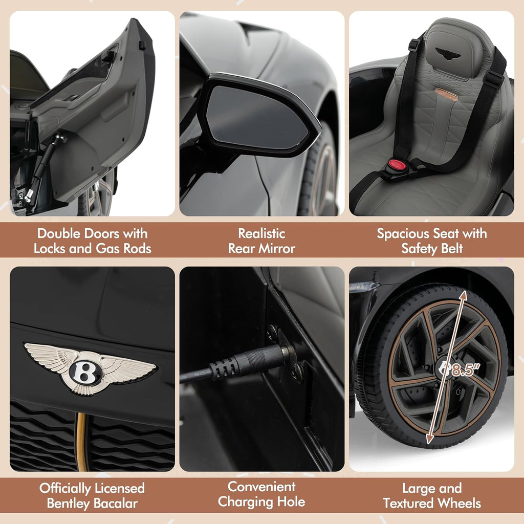 Costzon Ride on Car, 12V Licensed Bentley Bacalar Battery Powered Kids' Electric Vehicles w/Remote Control, Scissor Doors, Wireless Connection, Lights/Sound Effects, Kids Car Toys for Toddlers(Black)