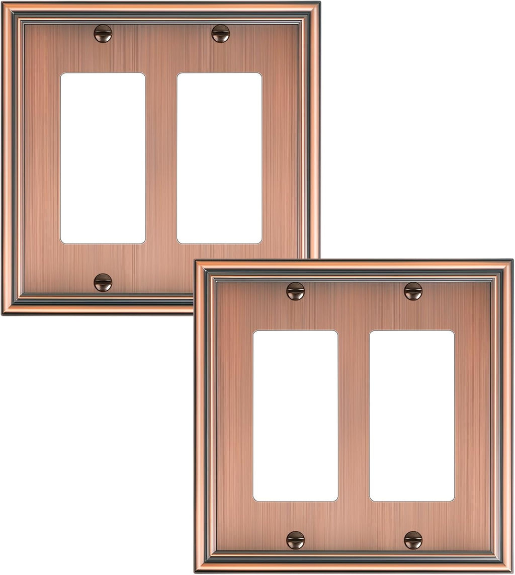 2-Pack Decorative Double Decorator Outlet Cover Plate, Durable Zinc Alloy Antique Copper Wall Plates for Electrical Outlets, Receptacle, GFCI Outlet, Dimmer Switch, 2-Gang Corrosion Resistant