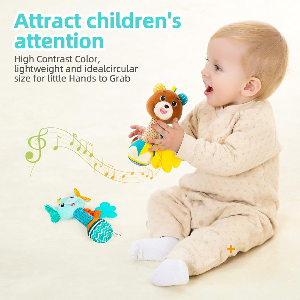 Baby rattles 0-6 months, Set of 2 rattles for babies 0-6 months, Soft Stuffed Animal Rattle Hand Grip Baby Toys, baby rattle Shaker Crinkle Squeaky Sensory Travel Accessories for 0 3 6 9 12 Months old